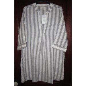 Garnet Hill New Sz M Linen Tunic Dress Striped European Flax Popover White Gray